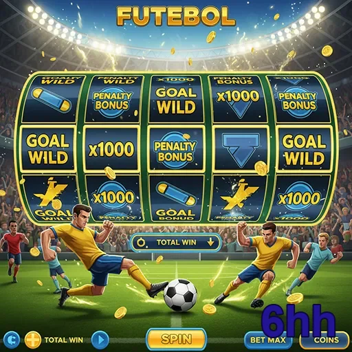 Imagem do jogo de slot 6hh inspirado no futebol, apresentando símbolos e gráficos relacionados ao esporte.