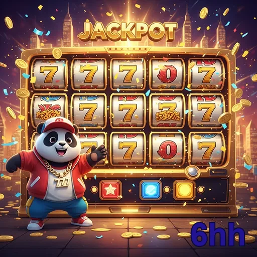 Ilustração do slot Jackpot Panda da 6hh, mostrando um panda em um ambiente de cassino divertido.